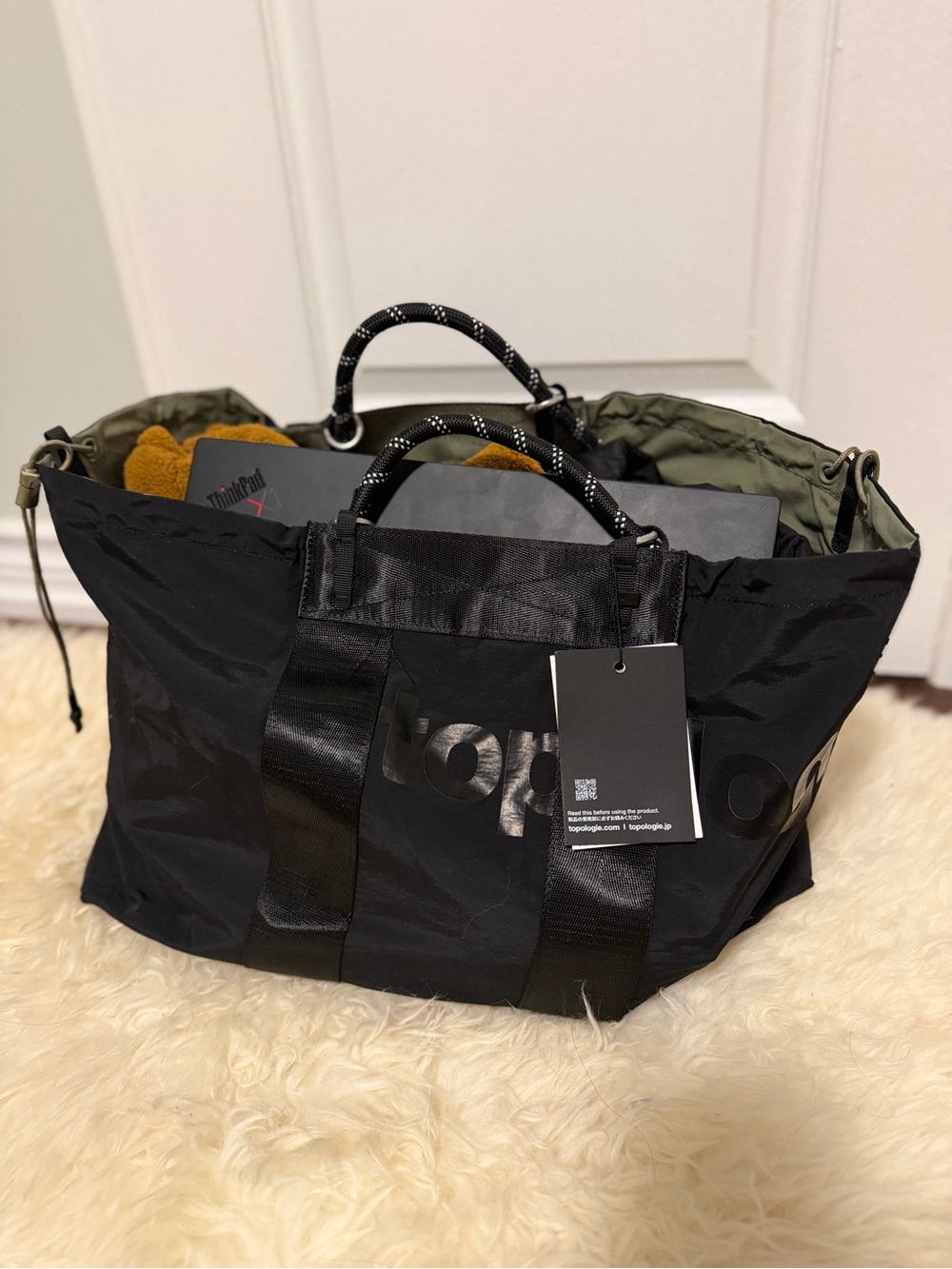 Topo Designs Black Tote Bag with Olive Interior